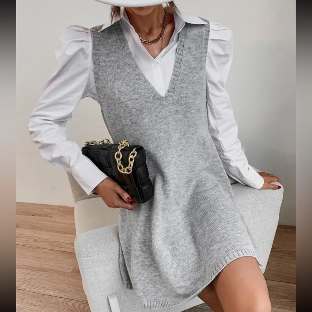 BRAND NEW V-neck Solid Sweater Dress Without Blouse